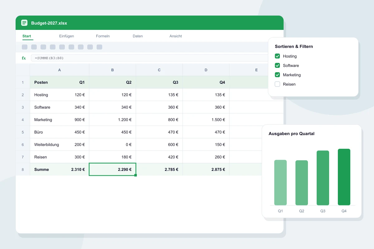 Illustration: Tabelle mit Budget pro Quartal, Summenformel, Filter und Balkendiagramm