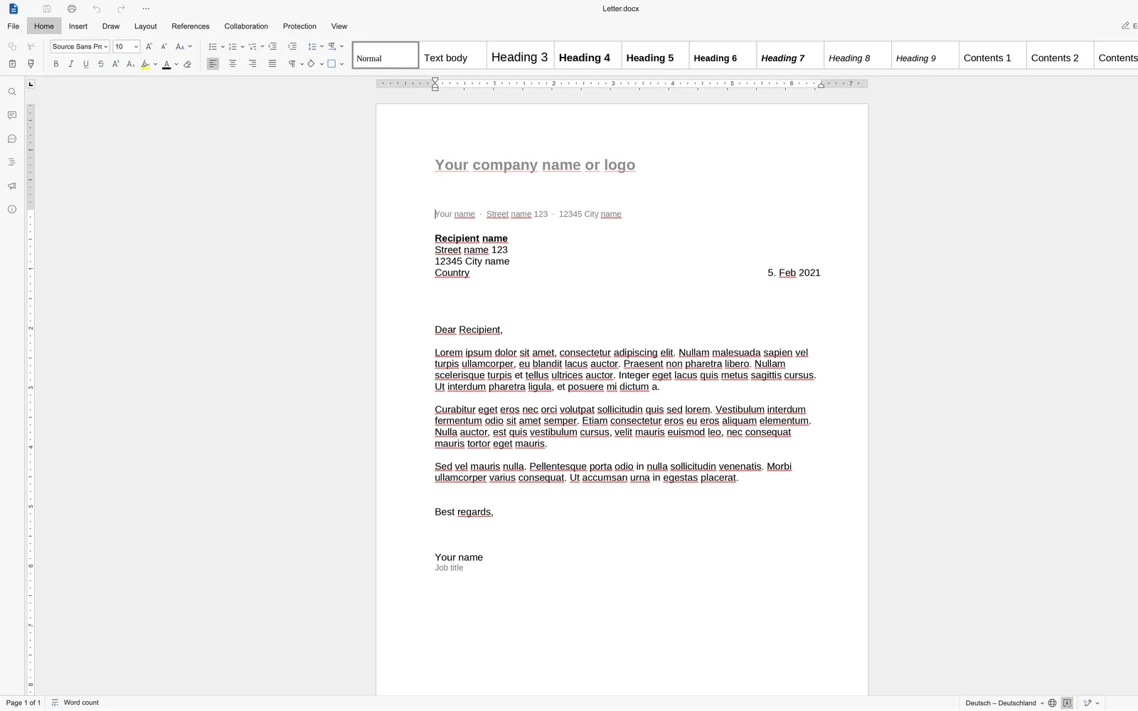 Euro-Office-Texteditor im Browser mit einem geöffneten Brief im DOCX-Format
